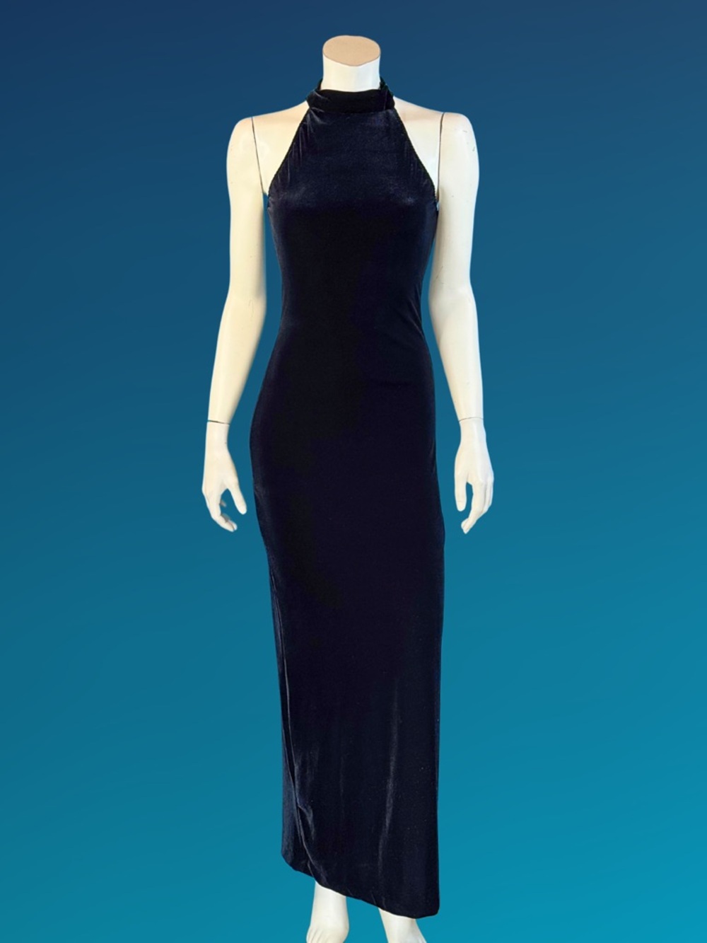 90s Black Velvet Gothic Halter Backless Mesh + Rhinestone Slip Dress / XS S